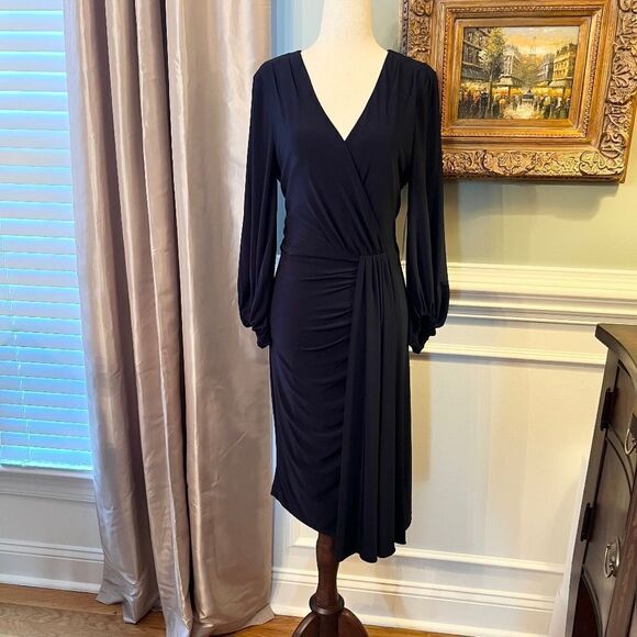 NWT Eliza J Ruched & Draped Navy Blue V-Neck Stretch Jersey Dress Size 10 - Picture 1 of 3